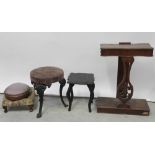 A small 19th century desk, two Victorian footstools, a pub stool,