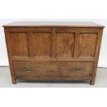 A 19th century oak panel mule chest with single drawer, width 121cm.