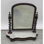 A 19th century dressing table swing mirror, wrythen supports to either side to marble base,