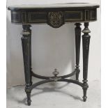 A 19th century ebonised ladies' parlour table with brass marquetry and line underlay, width 68cm.