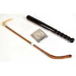 A horn handled child's riding crop, length 13cm, a truncheon and a hallmarked silver cigarette case,