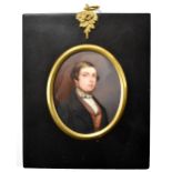 A watercolour on ivory, oval portrait miniature, study a gentleman, 5.5 x 4.5cm, framed.