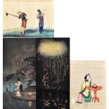 Two 20th century Chinese gouaches on rice paper, 22 x 16.5cm, and two Japanese woodblock prints (