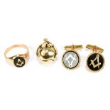 Four pieces of 9ct gold Masonic jewellery, to include a mounted ball fob, a signet ring and a pair