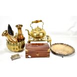 A mixed group of metalware including pair of Eastern brass vases, brass teapot and stand,