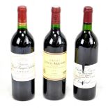 Three bottles of red wine comprising Château Lynch-Moussas Pauillac 1992, Château Haut-Bages Libéral