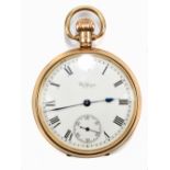 A 9ct gold Waltham open face pocket watch, the white enamel dial set with Roman numeral increments