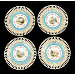 MINTON; a set of four cabinet plates with gilt heightened pierced rims and central circular