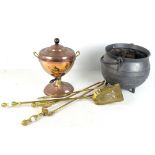 A collection of assorted metalware to include a cauldron, a three piece companion set, a copper