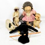 MERRYTHOUGHT; a plush crow/raven on pole, height 40cm, a monkey in dress and three further plush