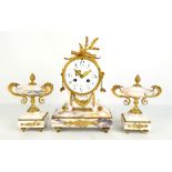 A circa 1900 French veined marble and brass three-piece clock garniture, the drum head eight day