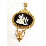 A Victorian yellow metal and carved cameo agate pendant, with urn shaped drop, length including bale