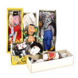 Five boxed Pelham puppets comprising wizard, cat, wolf, horse and baby dragon, all in yellow