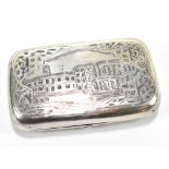 ANDREI ALEKSANDROV; a Russian silver cigarette box with chased decoration depicting a building