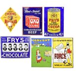 Six reproduction enamel advertising signs for Fry's, 53.5 x 35.5cm (x2), OXO, Sunlight Soap, Force