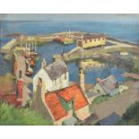 JOHN CHURNSIDE (active 1957-1979); oil on board, coastal village scene with harbour, signed and