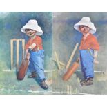 Two coloured cricket themed prints, 'The hope of his side' 'Out first ball', after E.P. Kinsella,