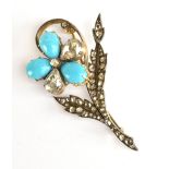 A yellow metal turquoise and diamond floral set spray brooch, indistinctly marked to the frame,