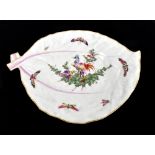 WORCESTER; an 18th century leaf shaped dish decorated with exotic birds and butterflies, unmarked,