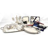 A quantity of silver plate including a large twin handled tea tray, WMF soup ladle, various cutlery,