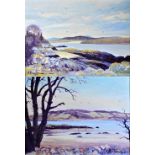 JC STURGEON; pair of oils on board, 'Dhoon Bay Near Kirkcudbright' and 'The Rocks at Seaward',