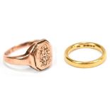 A 22ct yellow gold band, size N 1/2, approx 5.8g, and a 9ct gold signet ring engraved 'RI/JC',