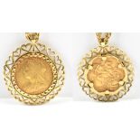 A Victorian full sovereign, 1895, set in a 9ct gold mount and with yellow metal chain, indistinct