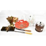 A mixed group of collectors' items including oak biscuit barrel, papier-mâché dish, Holdgate tin