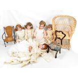 Five bisque headed dolls to include Schoenau & Hoffmeister (one af) and three modern dolls'