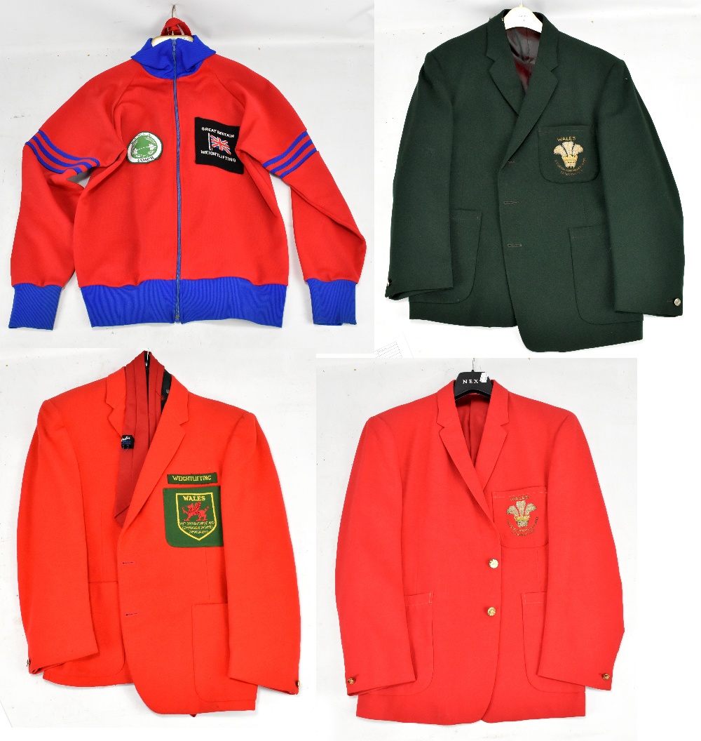 GREAT BRITAIN WEIGHTLIFTING; three suit jackets, one with sewn badge to pocket 'Wales VIII British