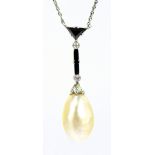 A natural salt water pearl, diamond and sapphire pendant suspended on integral white metal fine link