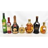 A mixed group of wines and spirits including Dimple blended whisky, 26 2/3 floz and 13 1/2 floz,