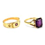 An 18ct yellow gold ring set with purple colour stone (two missing), size M, and a yellow metal