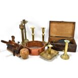 A small copper brass handled pan, brass candlesticks, chamberstick, also a moulding plane and wooden