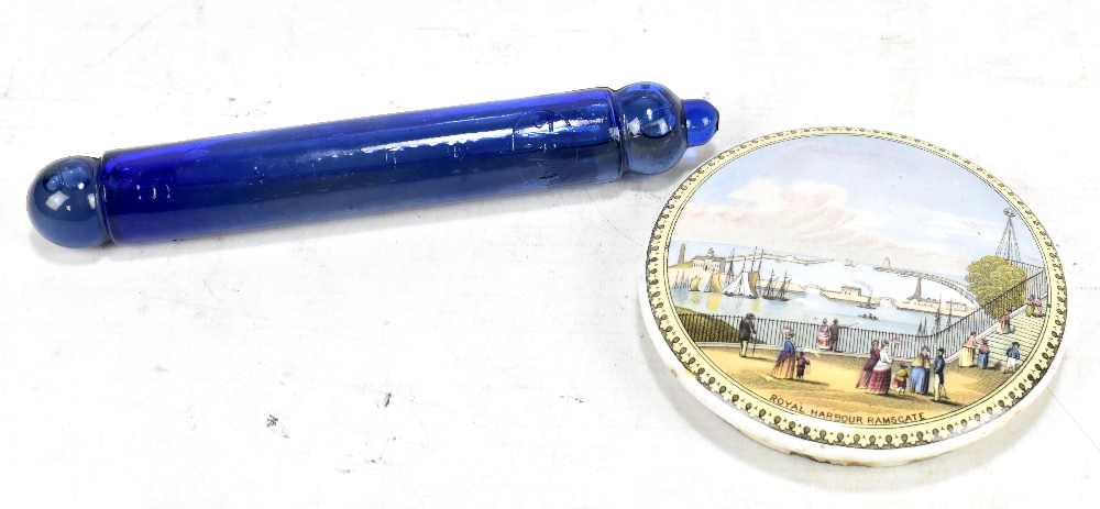 A Minimax blue glass fire grenade and a Royal Harbour Ramsgate pot lid (2).Additional