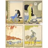 Four French Art Deco embellished coloured prints of various scenes and subjects each titled, to