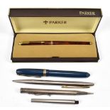 Four fountain, ballpoint pens and propelling pencil to include Parker, Mont Blanc, Swan examples