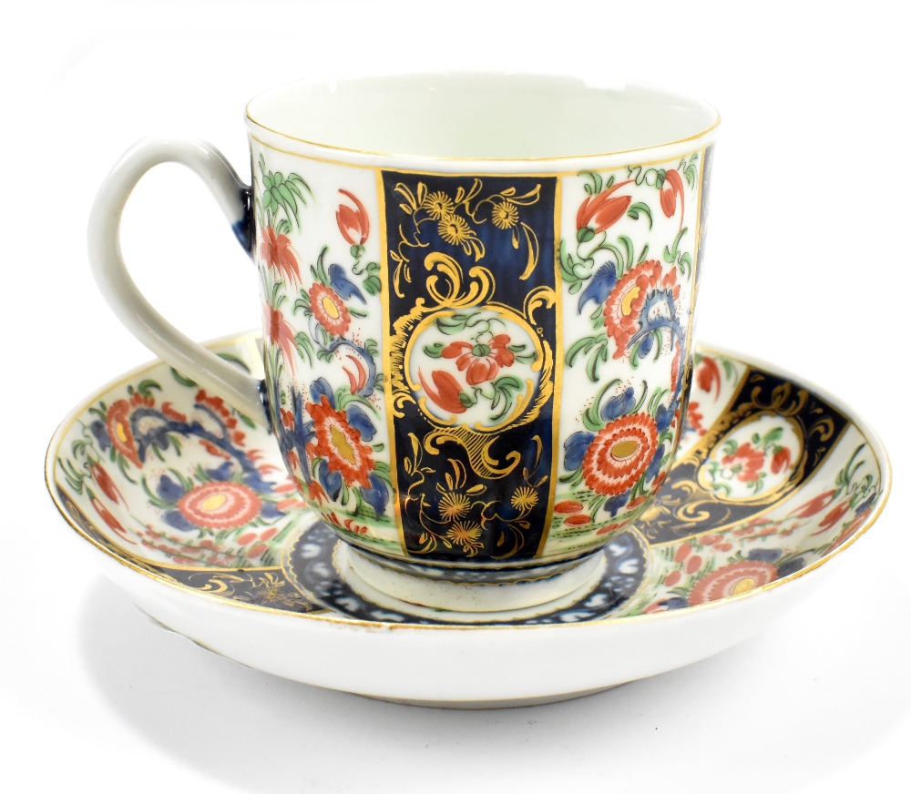 WORCESTER; an 18th century first period 'Wheat Sheaf' pattern coffee cup and saucer, each with