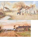 FRED FITCH; pair of watercolours, hunt on a path beside a cottage and figures before a pond and