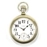 ELGIN; a gentleman's base metal pocket watch, the white enamelled dial set with Arabic numerals