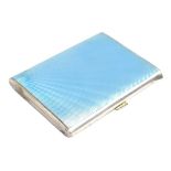 A white metal blue guilloche enamelled rounded rectangular cigarette case, length 8.25cm, approx