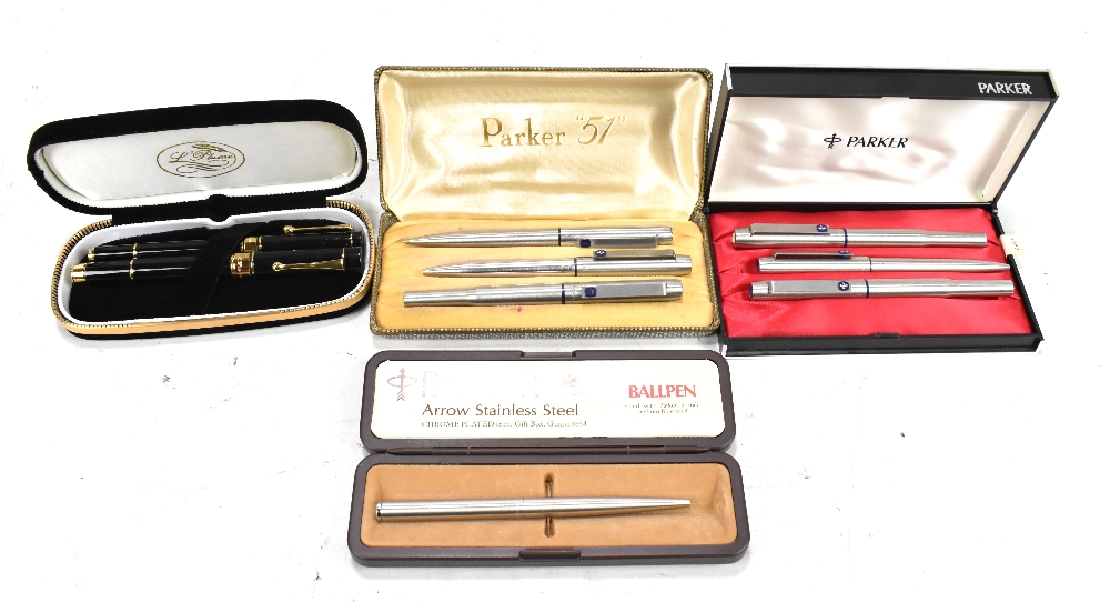 PARKER; a boxed triple set 51, a further Parker three pen set, a boxed Parker ballpoint pen and a