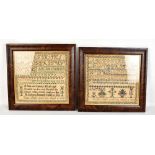 Two 19th century alphabet samplers by Caroline Leigh and dated 1866, and Emma Leigh, dated 1864,