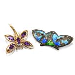 A yellow metal dragon fly brooch set with purple stones and small diamonds, stamped 375, also an