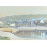 WILLIAM MILES JOHNSTON (1893-1974); mixed media, coastal inlet with village, signed, 38 x 52.5cm,