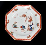 BOW; a mid-18th century octagonal plate painted in 'The Quail' pattern, unmarked, width 21.5cm.