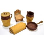 Five early to mid-19th century large scale turned wooden dolls house kitchen pieces, comprising pan,