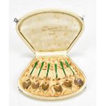 A cased set of six Norwegian .930 silver gilt and green guilloche enamelled spoons, box inscribed 'M