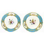 SEVRES; a pair of 18th century cabinet plates with Bleu Celeste borders, cisele gilding and finely