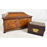 A 19th century inlaid walnut and rosewood work box of rectangular form, the hinged cover enclosing